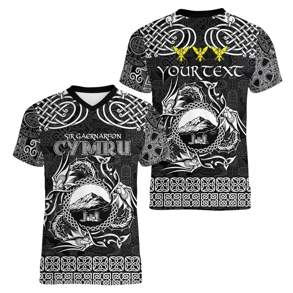 Personalized Caernarfonshire Sir Gaernarfon Women V-Neck T-Shirt Black Castle Tower Celtic-inspired - Wonder Print Shop