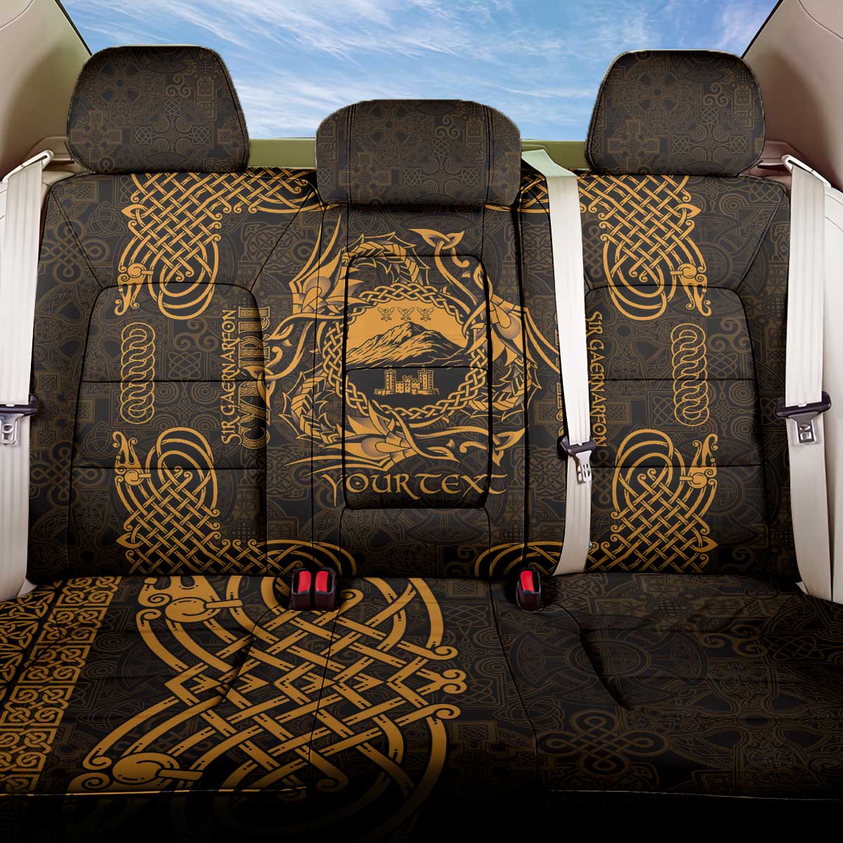 Personalized Caernarfonshire Sir Gaernarfon Back Car Seat Cover Gold Castle Tower Celtic-inspired - Wonder Print Shop