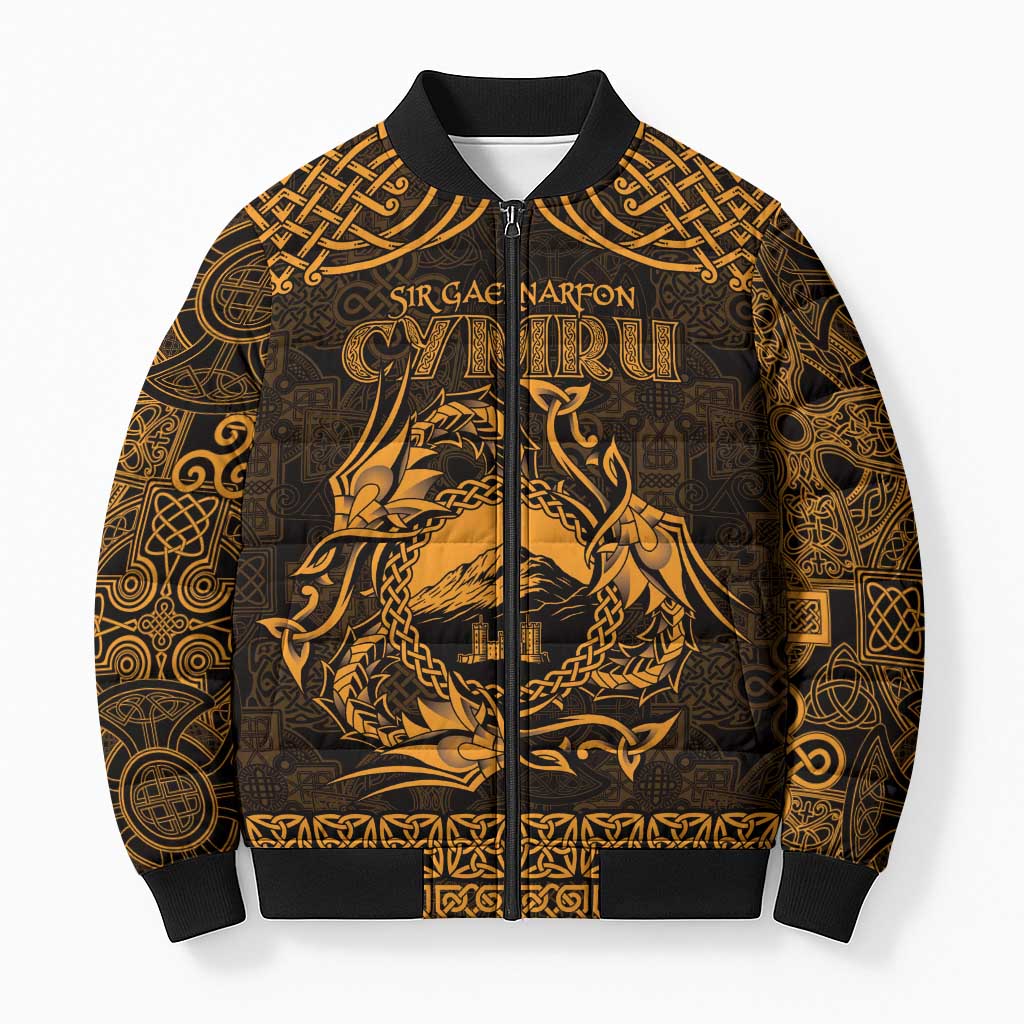 Personalized Caernarfonshire Sir Gaernarfon Bomber Puffer Jacket Gold Castle Tower Celtic-inspired - Wonder Print Shop