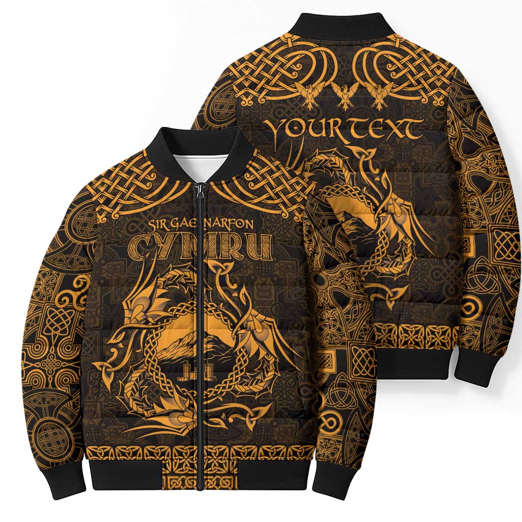 Personalized Caernarfonshire Sir Gaernarfon Bomber Puffer Jacket Gold Castle Tower Celtic-inspired - Wonder Print Shop