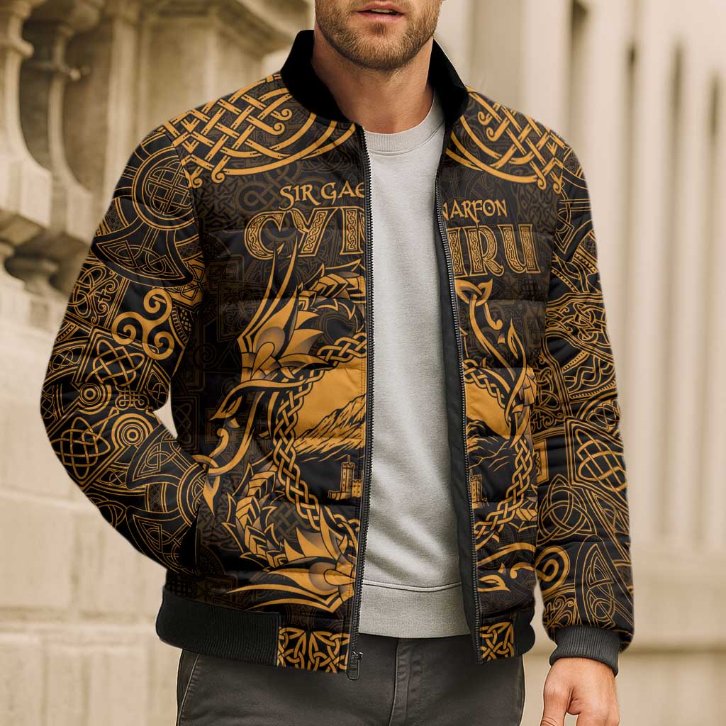 Personalized Caernarfonshire Sir Gaernarfon Bomber Puffer Jacket Gold Castle Tower Celtic-inspired - Wonder Print Shop