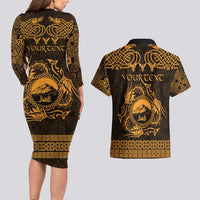 Personalized Caernarfonshire Sir Gaernarfon Couples Matching Long Sleeve Bodycon Dress and Hawaiian Shirt Gold Castle Tower Celtic-inspired - Wonder Print Shop