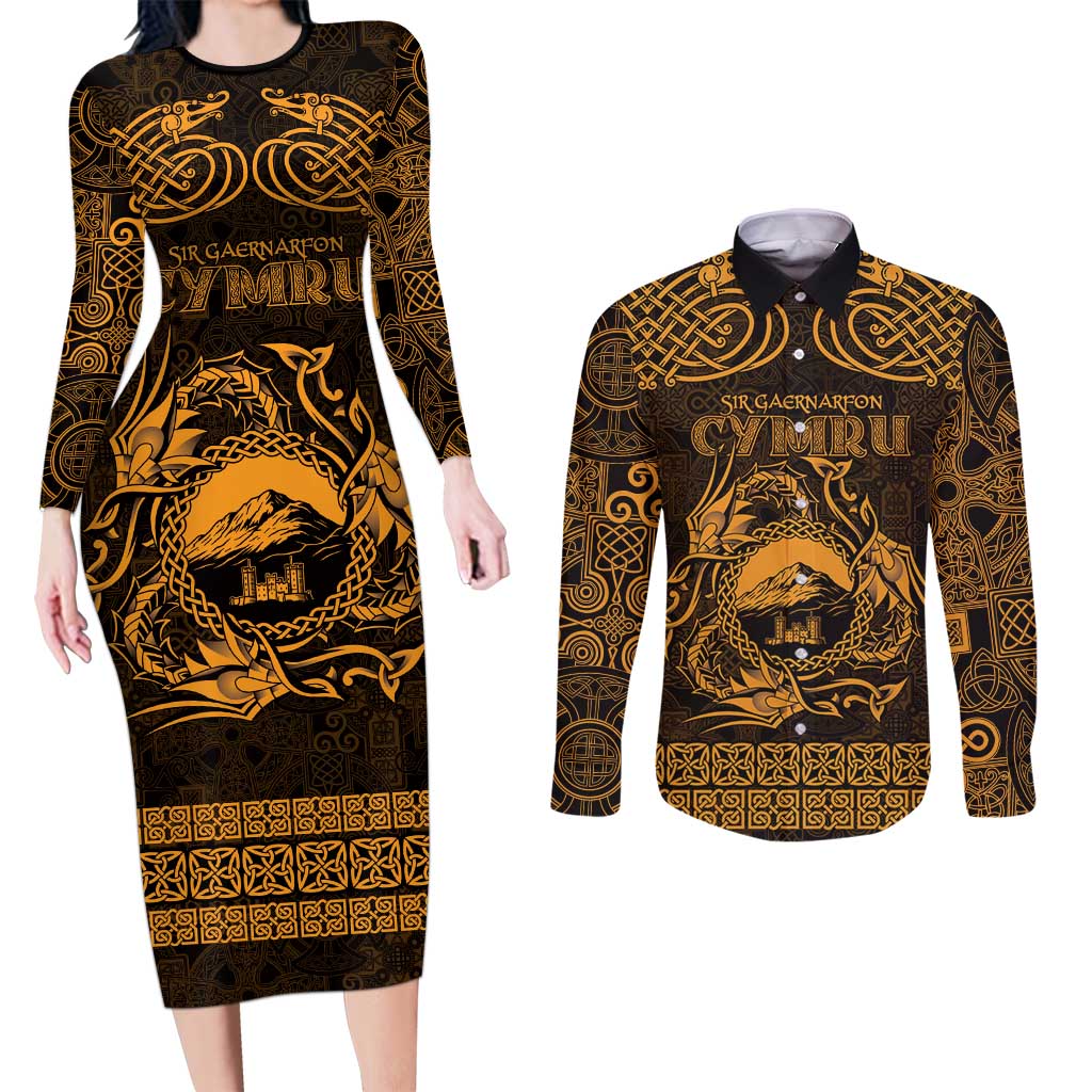Personalized Caernarfonshire Sir Gaernarfon Couples Matching Long Sleeve Bodycon Dress and Long Sleeve Button Shirt Gold Castle Tower Celtic-inspired - Wonder Print Shop