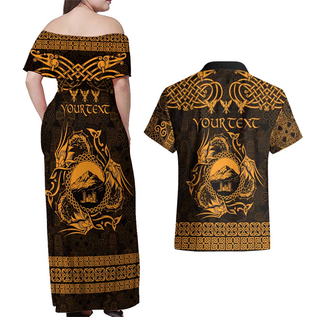 Personalized Caernarfonshire Sir Gaernarfon Couples Matching Off Shoulder Maxi Dress and Hawaiian Shirt Gold Castle Tower Celtic-inspired - Wonder Print Shop