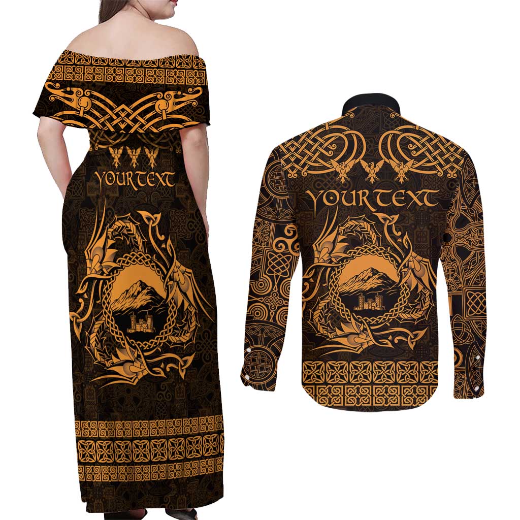 Personalized Caernarfonshire Sir Gaernarfon Couples Matching Off Shoulder Maxi Dress and Long Sleeve Button Shirt Gold Castle Tower Celtic-inspired - Wonder Print Shop