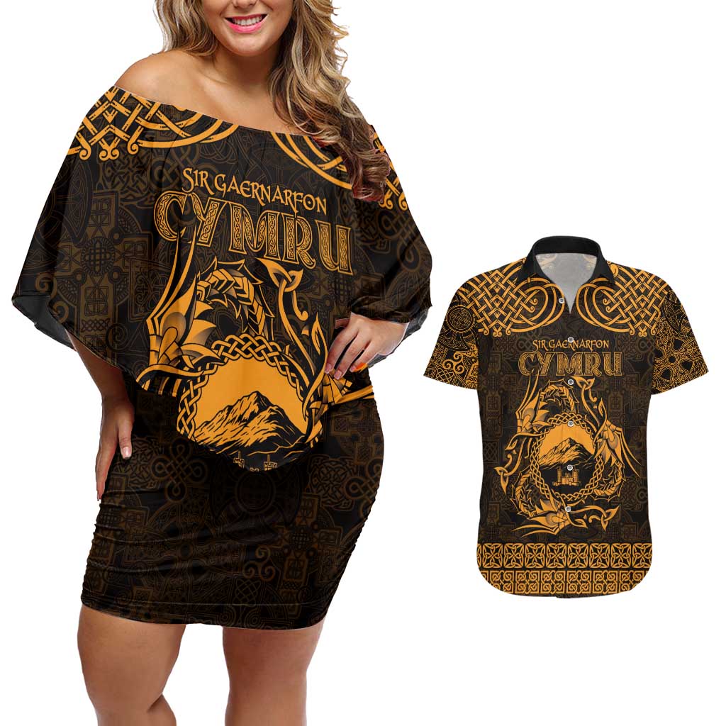 Personalized Caernarfonshire Sir Gaernarfon Couples Matching Off Shoulder Short Dress and Hawaiian Shirt Gold Castle Tower Celtic-inspired - Wonder Print Shop