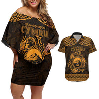 Personalized Caernarfonshire Sir Gaernarfon Couples Matching Off Shoulder Short Dress and Hawaiian Shirt Gold Castle Tower Celtic-inspired - Wonder Print Shop