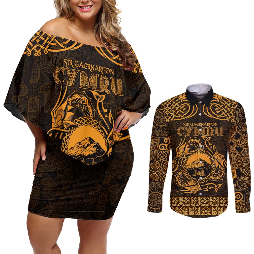 Personalized Caernarfonshire Sir Gaernarfon Couples Matching Off Shoulder Short Dress and Long Sleeve Button Shirt Gold Castle Tower Celtic-inspired - Wonder Print Shop