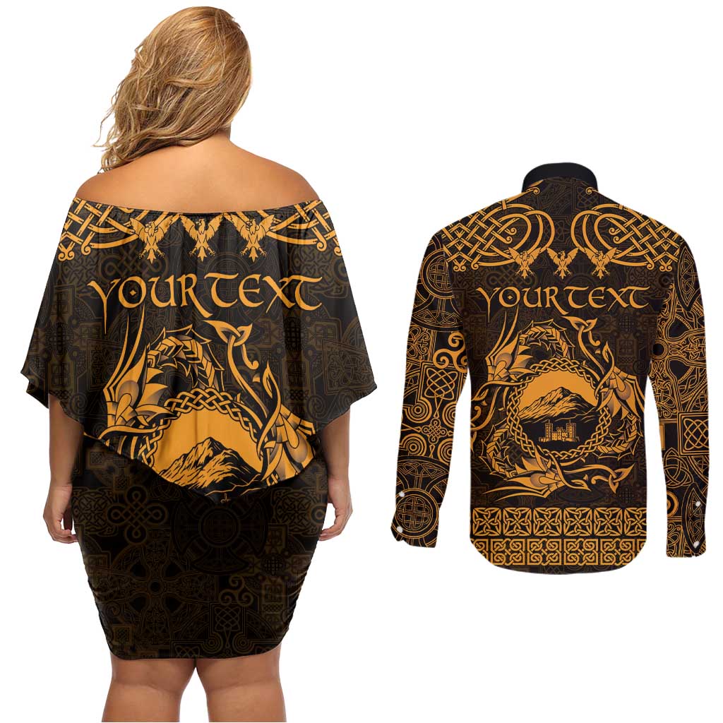 Personalized Caernarfonshire Sir Gaernarfon Couples Matching Off Shoulder Short Dress and Long Sleeve Button Shirt Gold Castle Tower Celtic-inspired - Wonder Print Shop