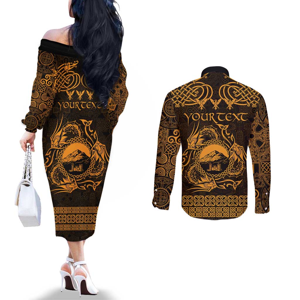Personalized Caernarfonshire Sir Gaernarfon Couples Matching Off The Shoulder Long Sleeve Dress and Long Sleeve Button Shirt Gold Castle Tower Celtic-inspired - Wonder Print Shop