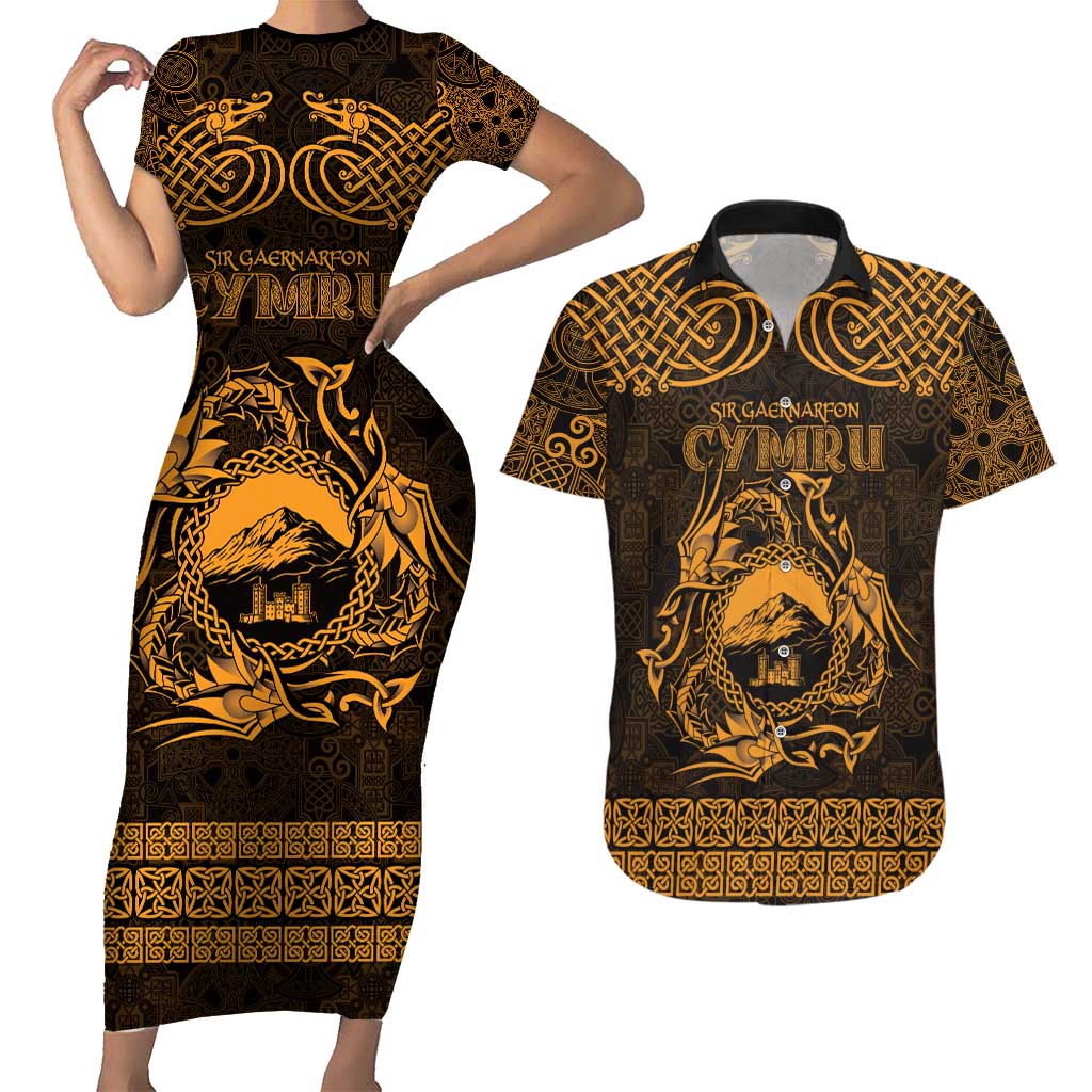 Personalized Caernarfonshire Sir Gaernarfon Couples Matching Short Sleeve Bodycon Dress and Hawaiian Shirt Gold Castle Tower Celtic-inspired - Wonder Print Shop