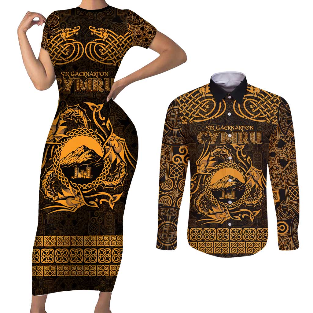 Personalized Caernarfonshire Sir Gaernarfon Couples Matching Short Sleeve Bodycon Dress and Long Sleeve Button Shirt Gold Castle Tower Celtic-inspired - Wonder Print Shop