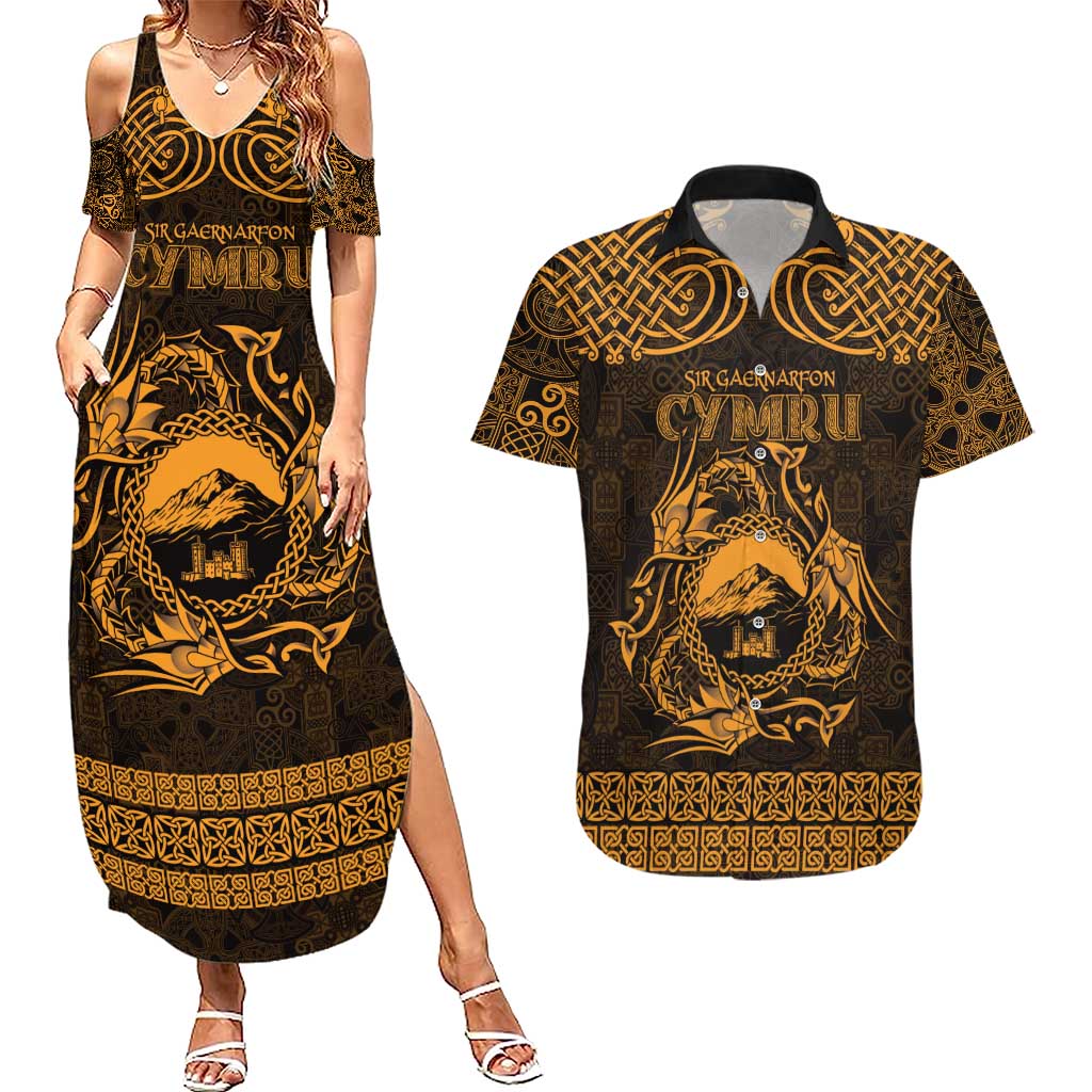Personalized Caernarfonshire Sir Gaernarfon Couples Matching Summer Maxi Dress and Hawaiian Shirt Gold Castle Tower Celtic-inspired - Wonder Print Shop