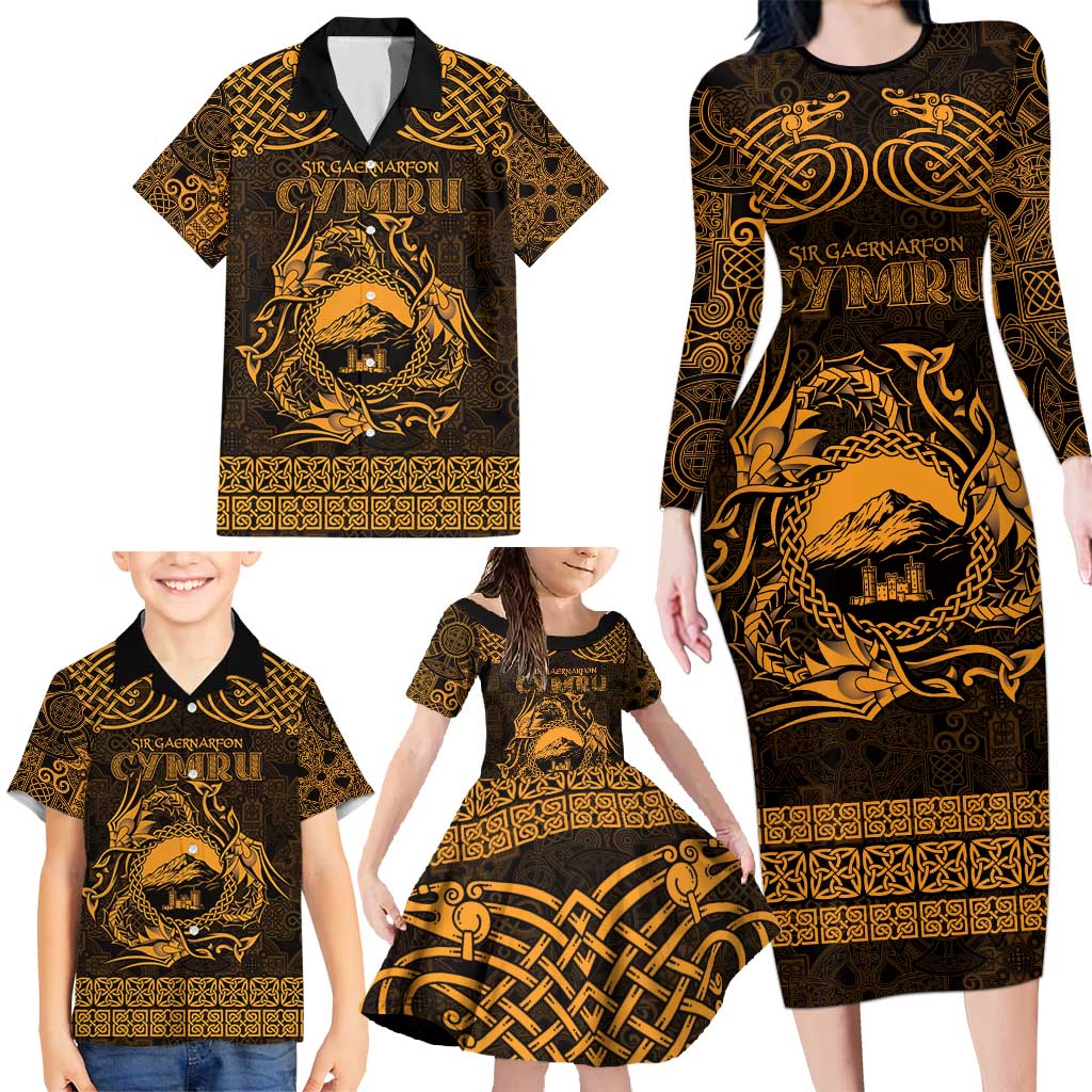 Personalized Caernarfonshire Sir Gaernarfon Family Matching Long Sleeve Bodycon Dress and Hawaiian Shirt Gold Castle Tower Celtic-inspired - Wonder Print Shop