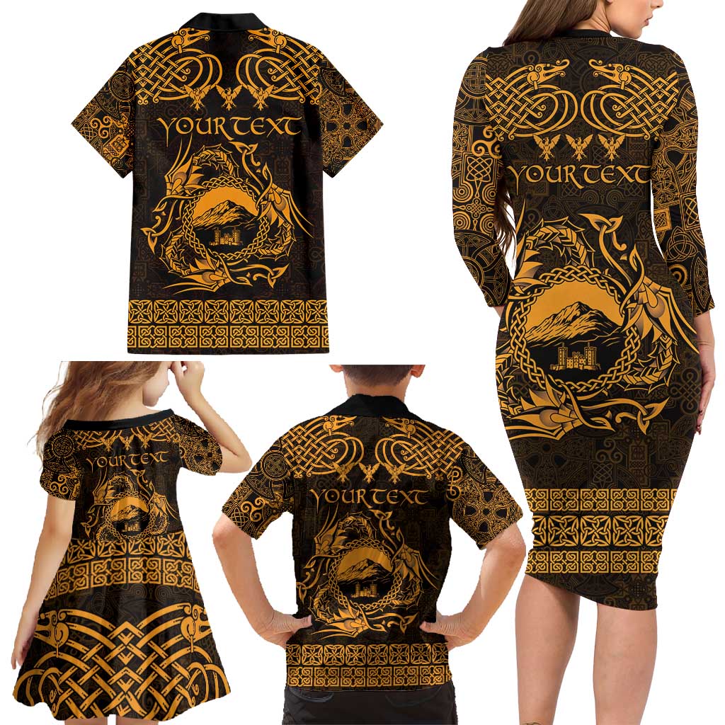 Personalized Caernarfonshire Sir Gaernarfon Family Matching Long Sleeve Bodycon Dress and Hawaiian Shirt Gold Castle Tower Celtic-inspired - Wonder Print Shop
