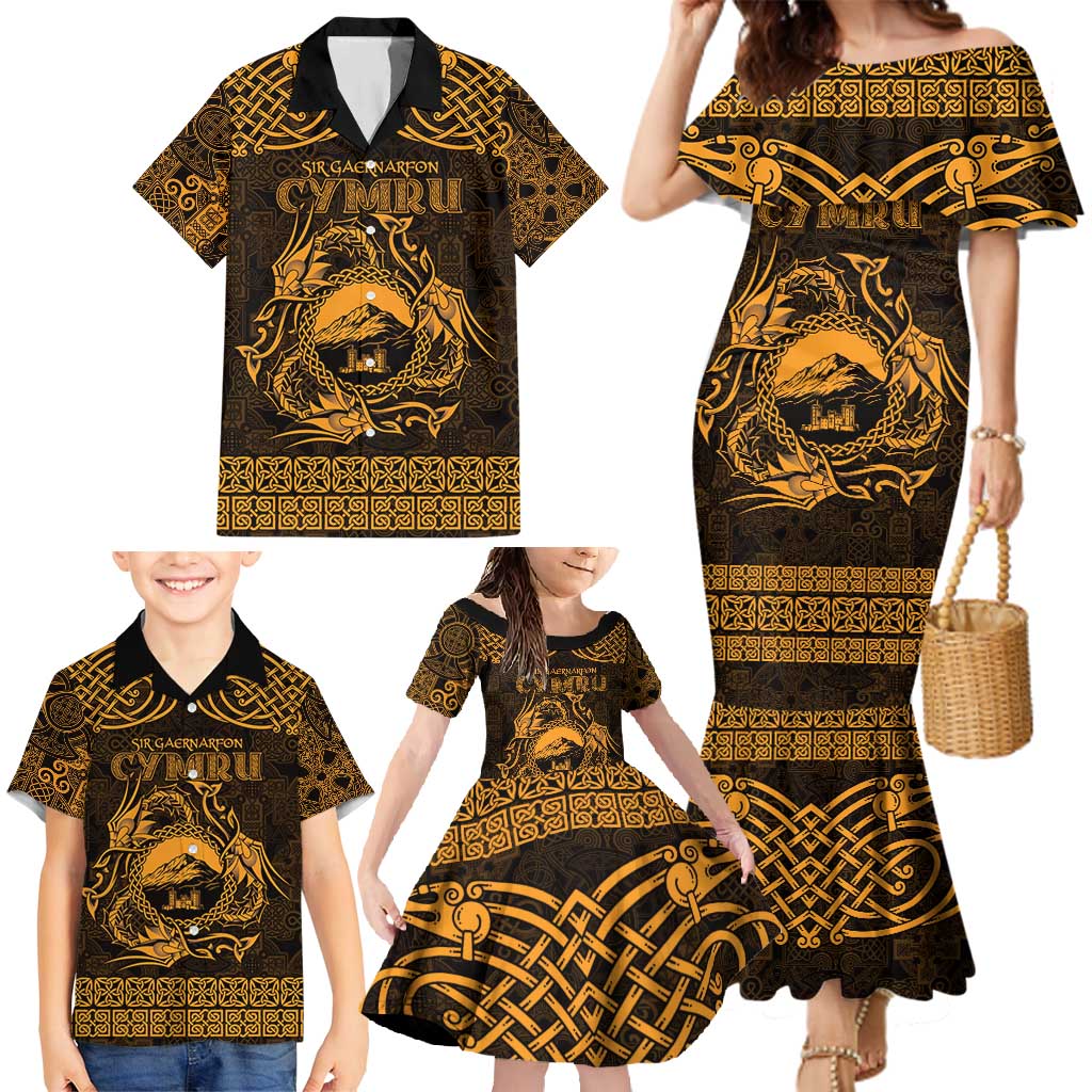 Personalized Caernarfonshire Sir Gaernarfon Family Matching Mermaid Dress and Hawaiian Shirt Gold Castle Tower Celtic-inspired - Wonder Print Shop