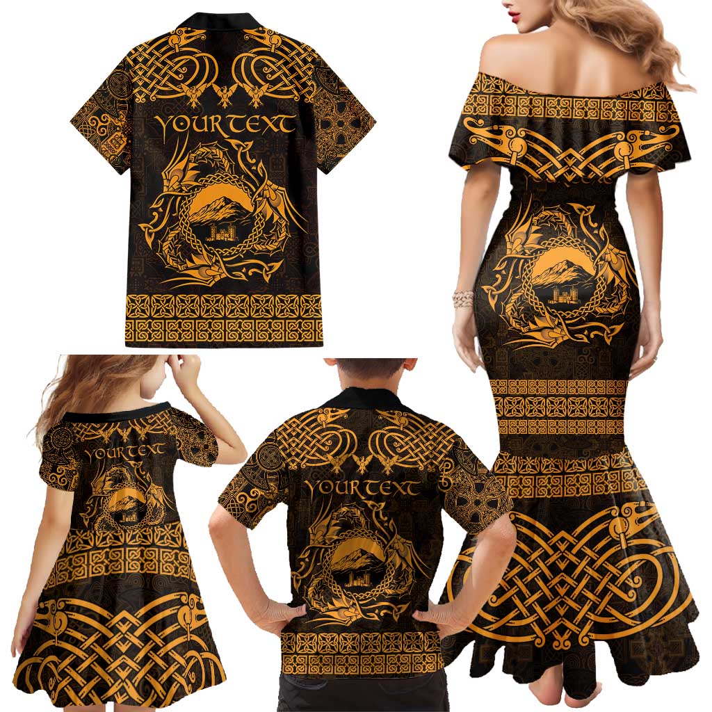 Personalized Caernarfonshire Sir Gaernarfon Family Matching Mermaid Dress and Hawaiian Shirt Gold Castle Tower Celtic-inspired - Wonder Print Shop