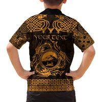 Personalized Caernarfonshire Sir Gaernarfon Family Matching Off The Shoulder Long Sleeve Dress and Hawaiian Shirt Gold Castle Tower Celtic-inspired - Wonder Print Shop