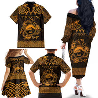Personalized Caernarfonshire Sir Gaernarfon Family Matching Off The Shoulder Long Sleeve Dress and Hawaiian Shirt Gold Castle Tower Celtic-inspired - Wonder Print Shop