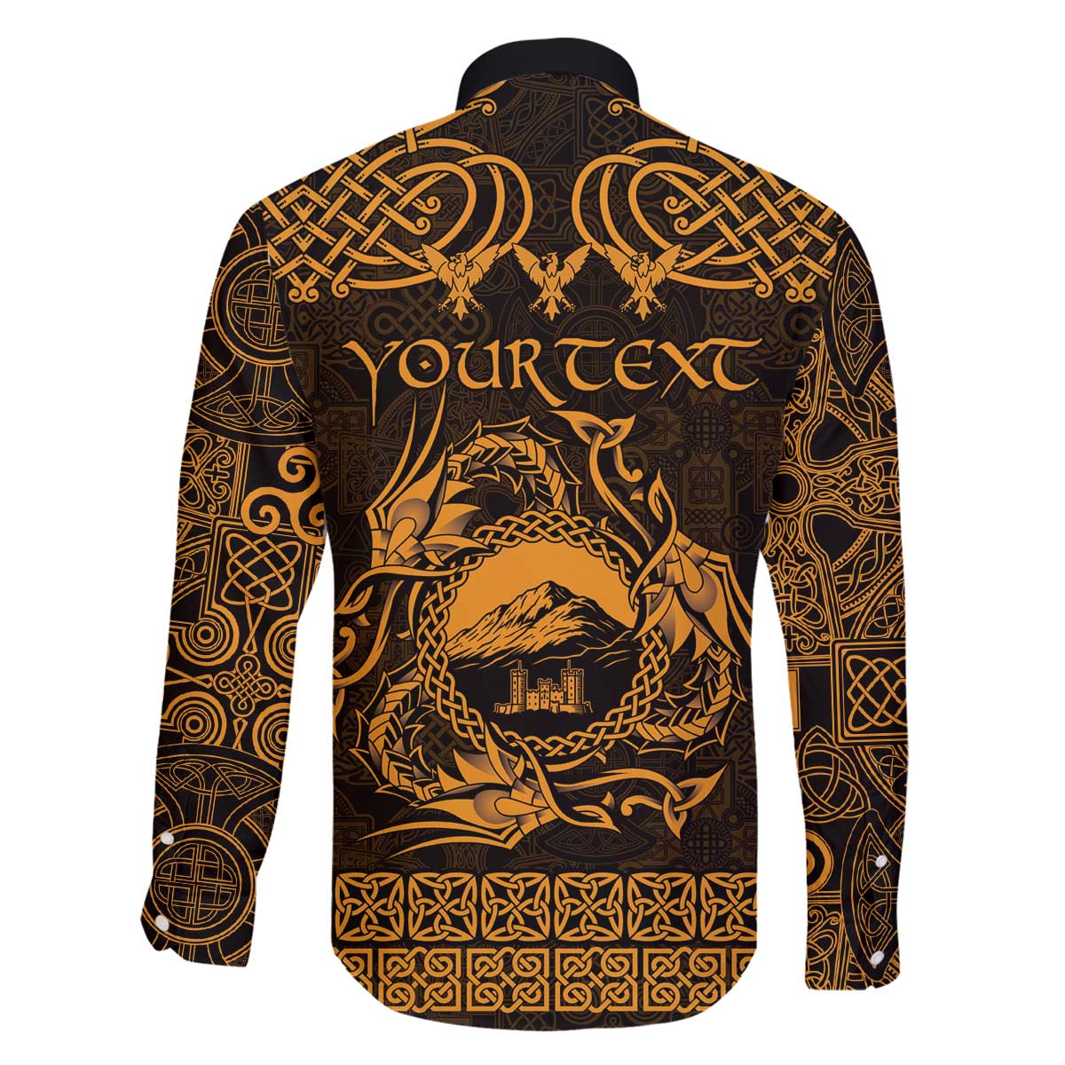 Personalized Caernarfonshire Sir Gaernarfon Family Matching Off The Shoulder Long Sleeve Dress and Hawaiian Shirt Gold Castle Tower Celtic-inspired - Wonder Print Shop