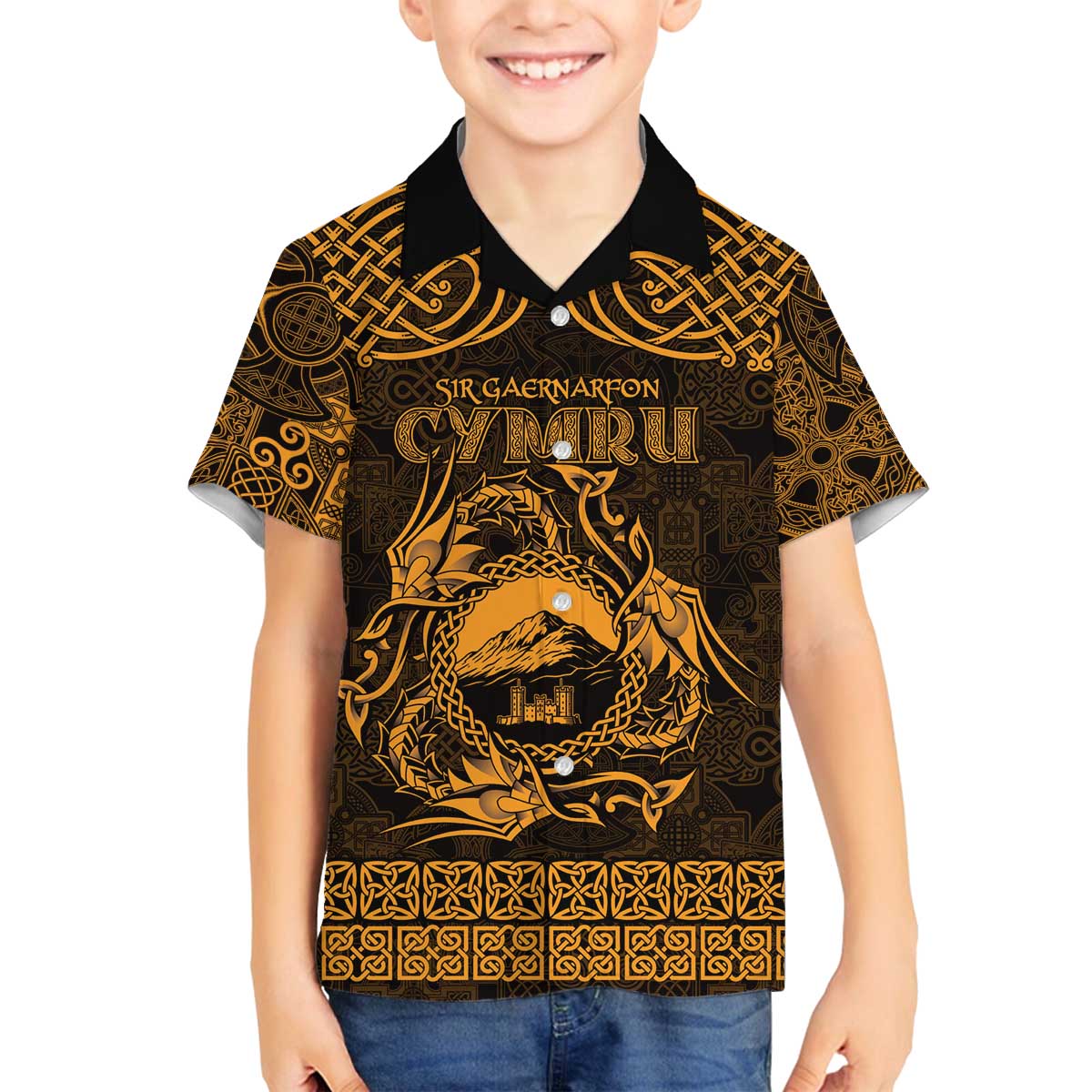 Personalized Caernarfonshire Sir Gaernarfon Family Matching Off The Shoulder Long Sleeve Dress and Hawaiian Shirt Gold Castle Tower Celtic-inspired - Wonder Print Shop