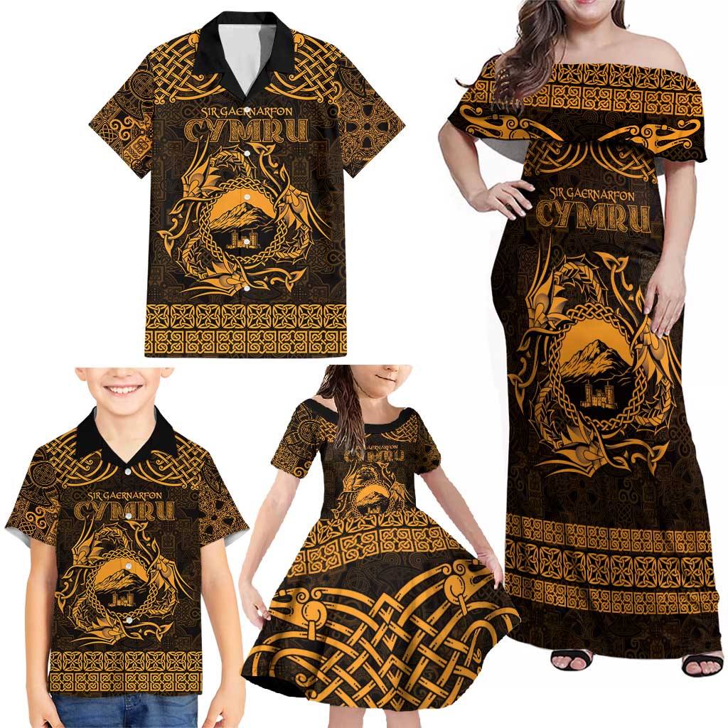 Personalized Caernarfonshire Sir Gaernarfon Family Matching Off Shoulder Maxi Dress and Hawaiian Shirt Gold Castle Tower Celtic-inspired - Wonder Print Shop