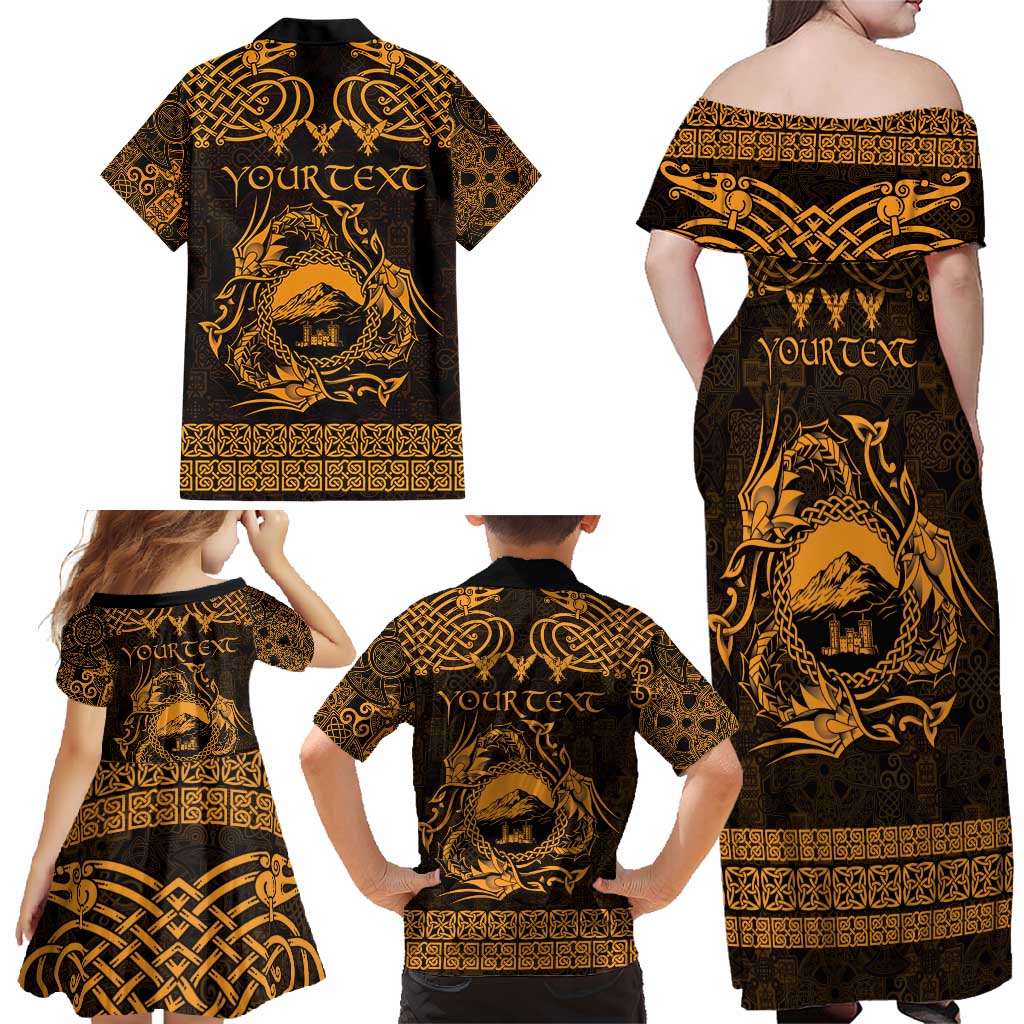 Personalized Caernarfonshire Sir Gaernarfon Family Matching Off Shoulder Maxi Dress and Hawaiian Shirt Gold Castle Tower Celtic-inspired - Wonder Print Shop