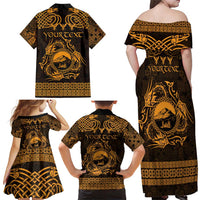 Personalized Caernarfonshire Sir Gaernarfon Family Matching Off Shoulder Maxi Dress and Hawaiian Shirt Gold Castle Tower Celtic-inspired - Wonder Print Shop