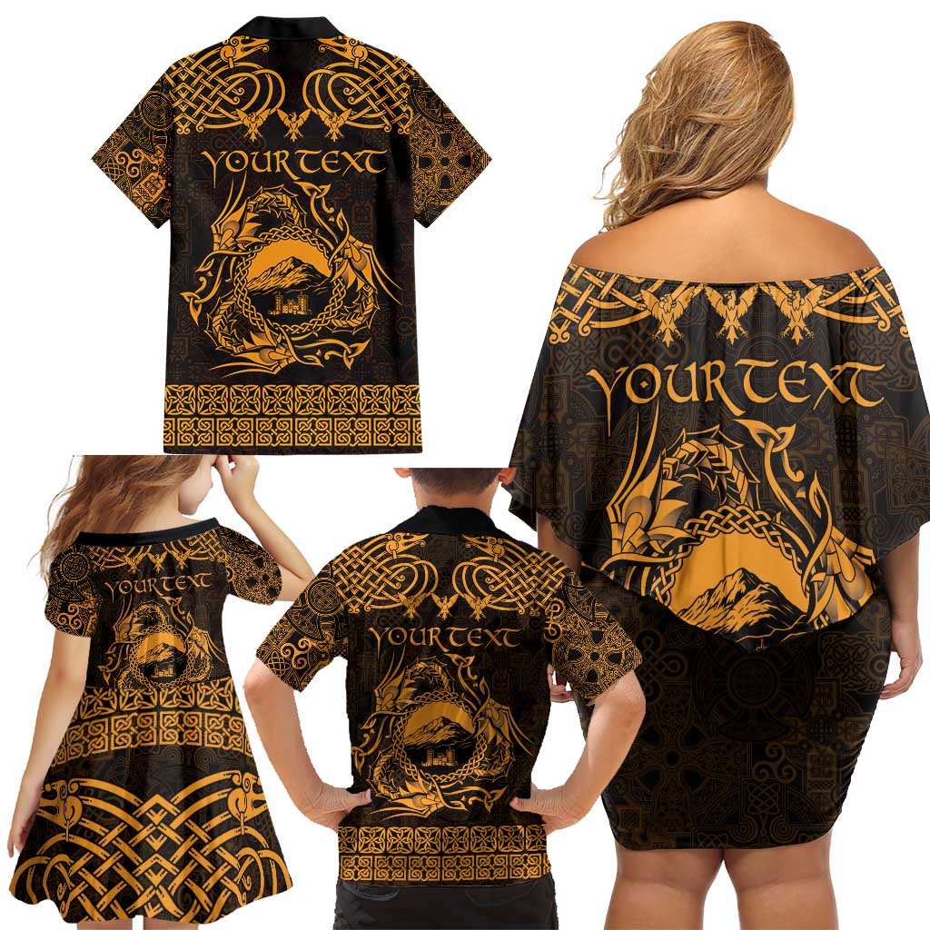 Personalized Caernarfonshire Sir Gaernarfon Family Matching Off Shoulder Short Dress and Hawaiian Shirt Gold Castle Tower Celtic-inspired - Wonder Print Shop
