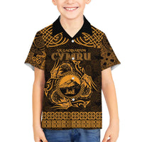 Personalized Caernarfonshire Sir Gaernarfon Family Matching Off Shoulder Short Dress and Hawaiian Shirt Gold Castle Tower Celtic-inspired - Wonder Print Shop