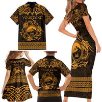 Personalized Caernarfonshire Sir Gaernarfon Family Matching Short Sleeve Bodycon Dress and Hawaiian Shirt Gold Castle Tower Celtic-inspired - Wonder Print Shop