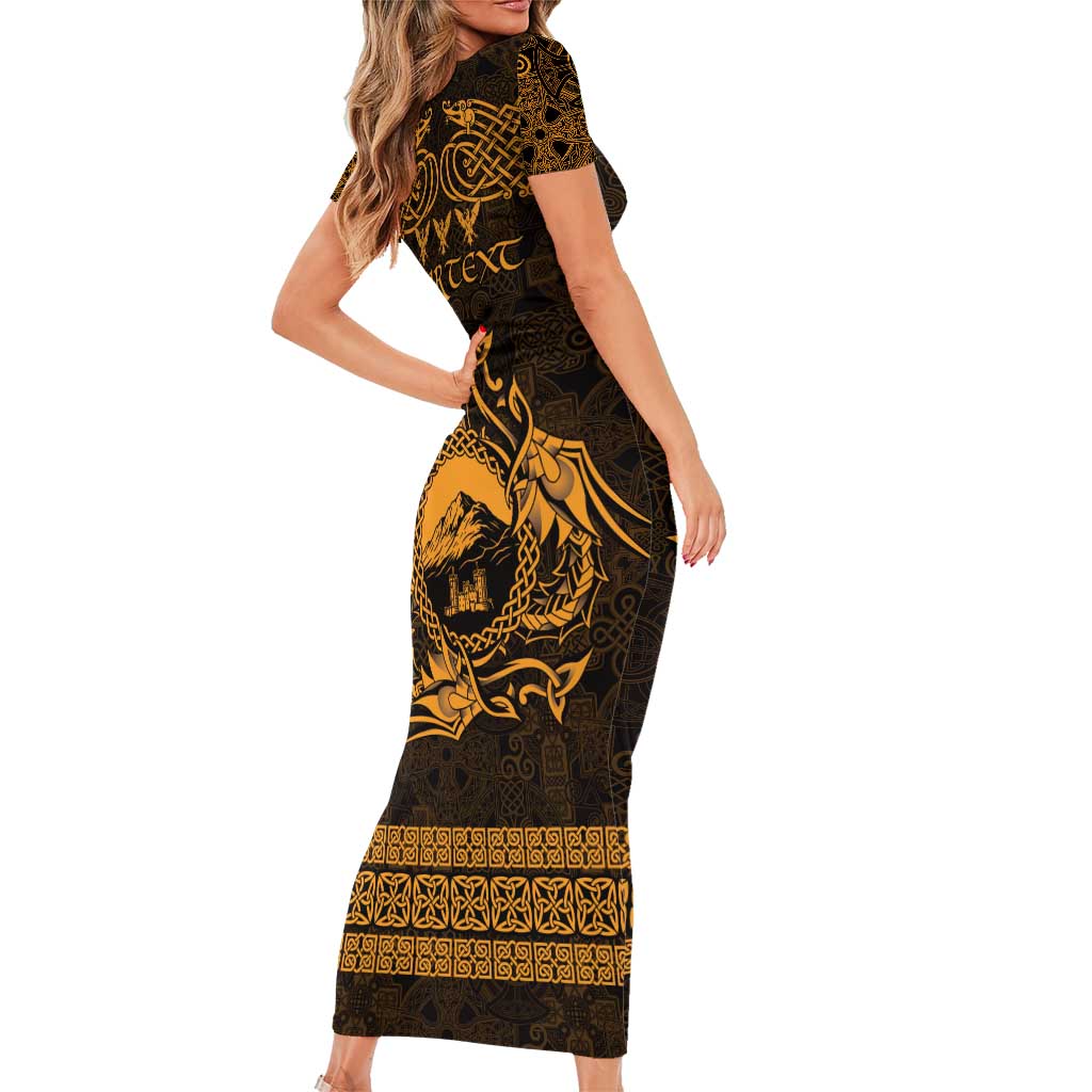 Personalized Caernarfonshire Sir Gaernarfon Family Matching Short Sleeve Bodycon Dress and Hawaiian Shirt Gold Castle Tower Celtic-inspired - Wonder Print Shop