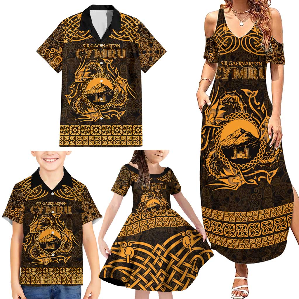Personalized Caernarfonshire Sir Gaernarfon Family Matching Summer Maxi Dress and Hawaiian Shirt Gold Castle Tower Celtic-inspired - Wonder Print Shop