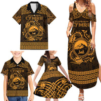 Personalized Caernarfonshire Sir Gaernarfon Family Matching Summer Maxi Dress and Hawaiian Shirt Gold Castle Tower Celtic-inspired - Wonder Print Shop