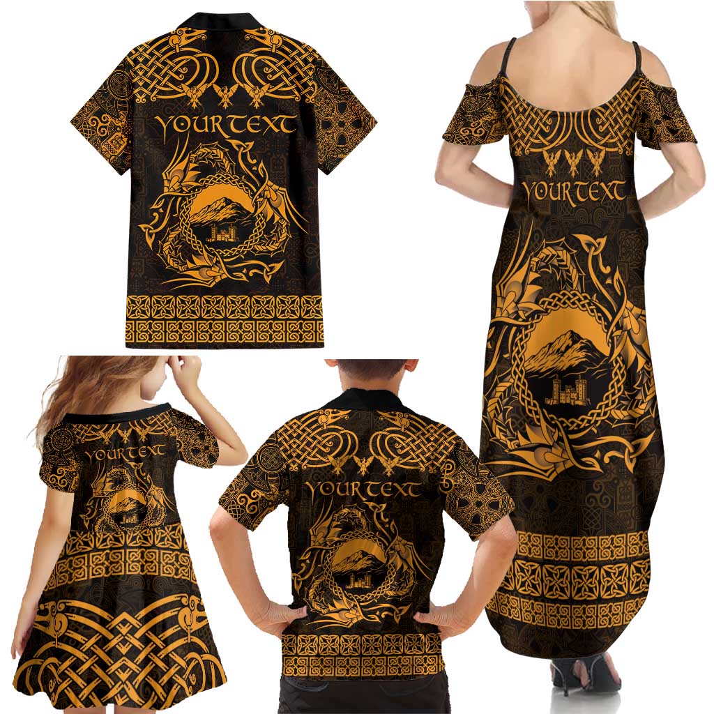 Personalized Caernarfonshire Sir Gaernarfon Family Matching Summer Maxi Dress and Hawaiian Shirt Gold Castle Tower Celtic-inspired - Wonder Print Shop