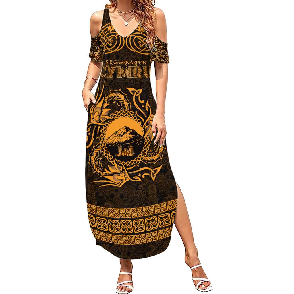 Personalized Caernarfonshire Sir Gaernarfon Family Matching Summer Maxi Dress and Hawaiian Shirt Gold Castle Tower Celtic-inspired - Wonder Print Shop