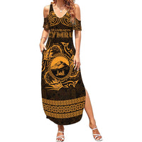 Personalized Caernarfonshire Sir Gaernarfon Family Matching Summer Maxi Dress and Hawaiian Shirt Gold Castle Tower Celtic-inspired - Wonder Print Shop