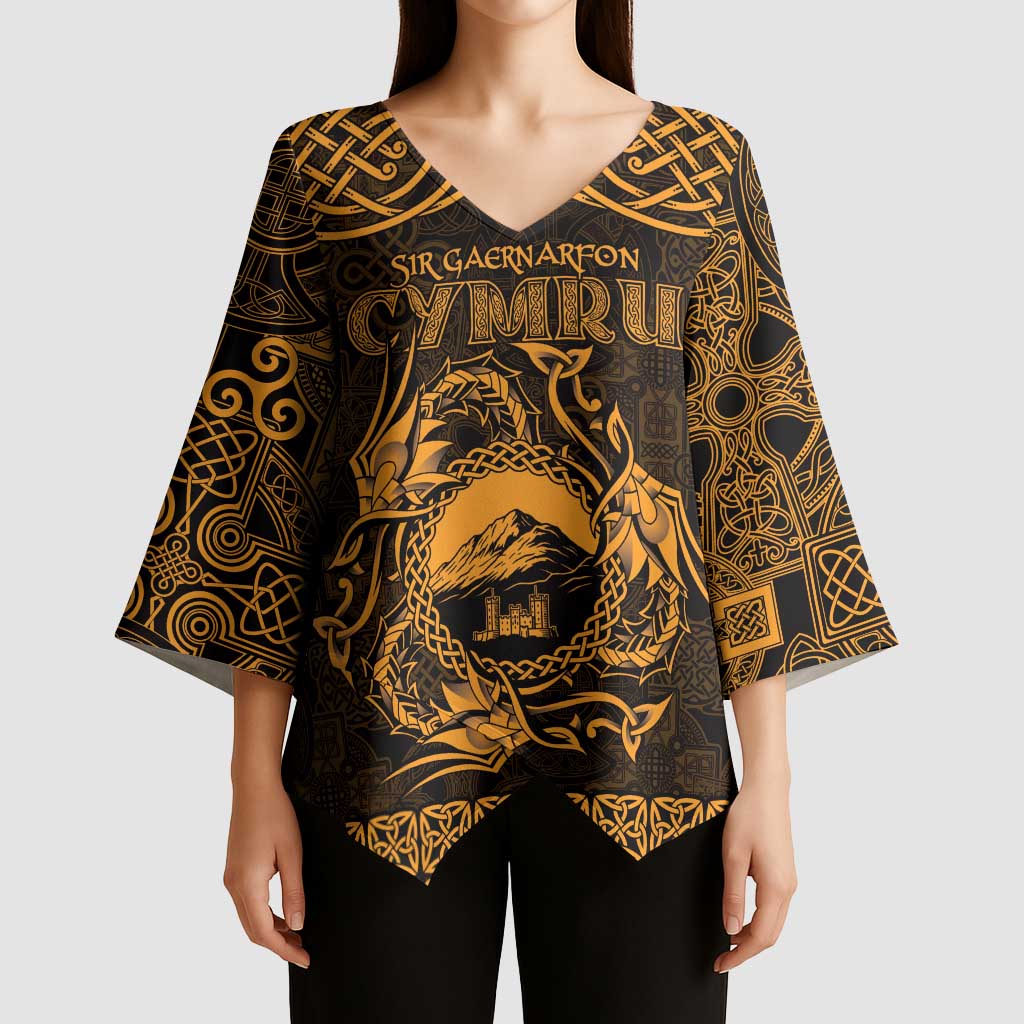 Personalized Caernarfonshire Sir Gaernarfon Kimono Sleeve Blouse Gold Castle Tower Celtic-inspired - Wonder Print Shop