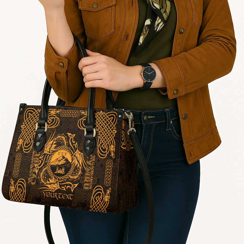 Personalized Caernarfonshire Sir Gaernarfon Leather Bag Gold Castle Tower Celtic-inspired - Wonder Print Shop