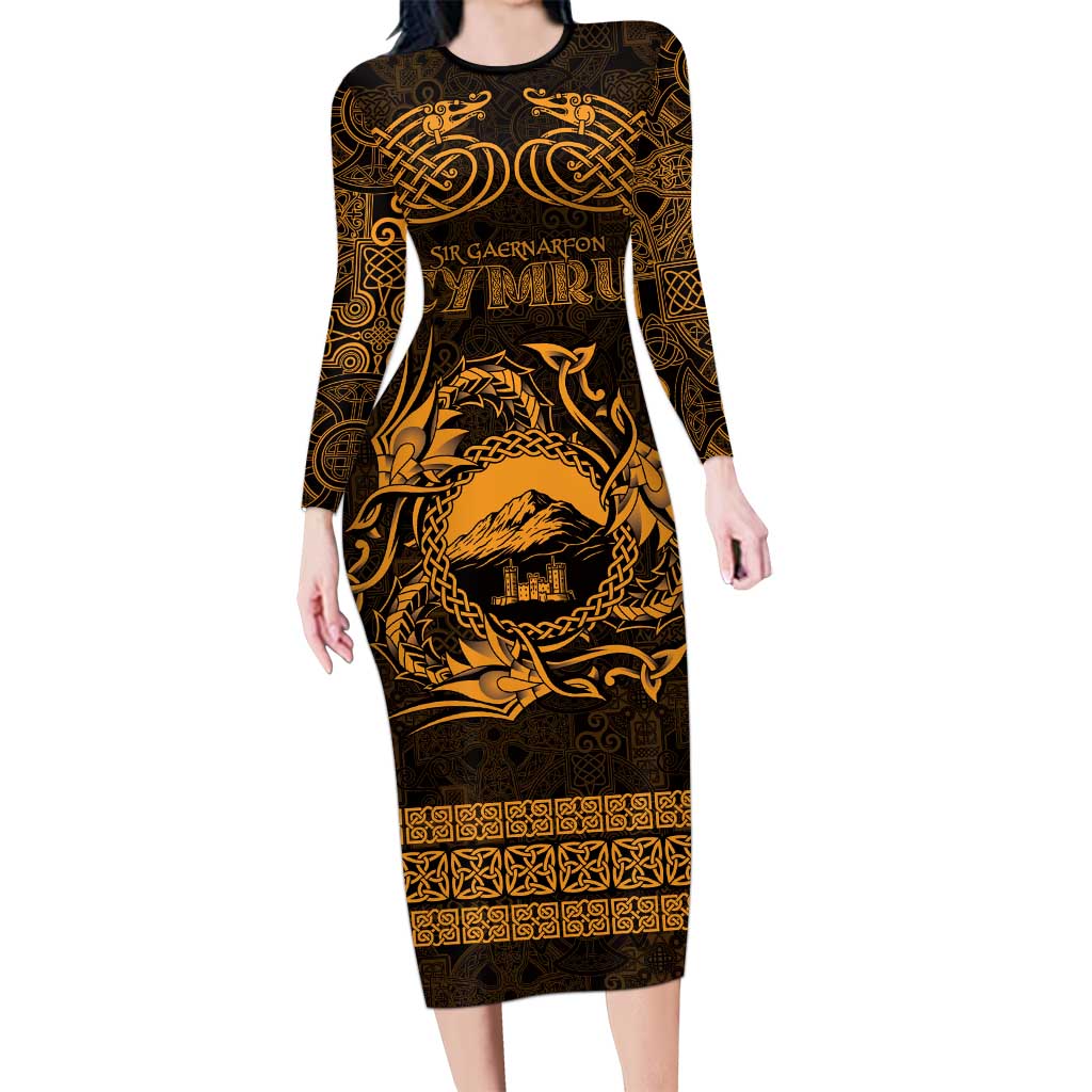 Personalized Caernarfonshire Sir Gaernarfon Long Sleeve Bodycon Dress Gold Castle Tower Celtic-inspired - Wonder Print Shop