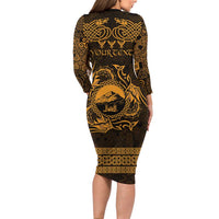 Personalized Caernarfonshire Sir Gaernarfon Long Sleeve Bodycon Dress Gold Castle Tower Celtic-inspired - Wonder Print Shop