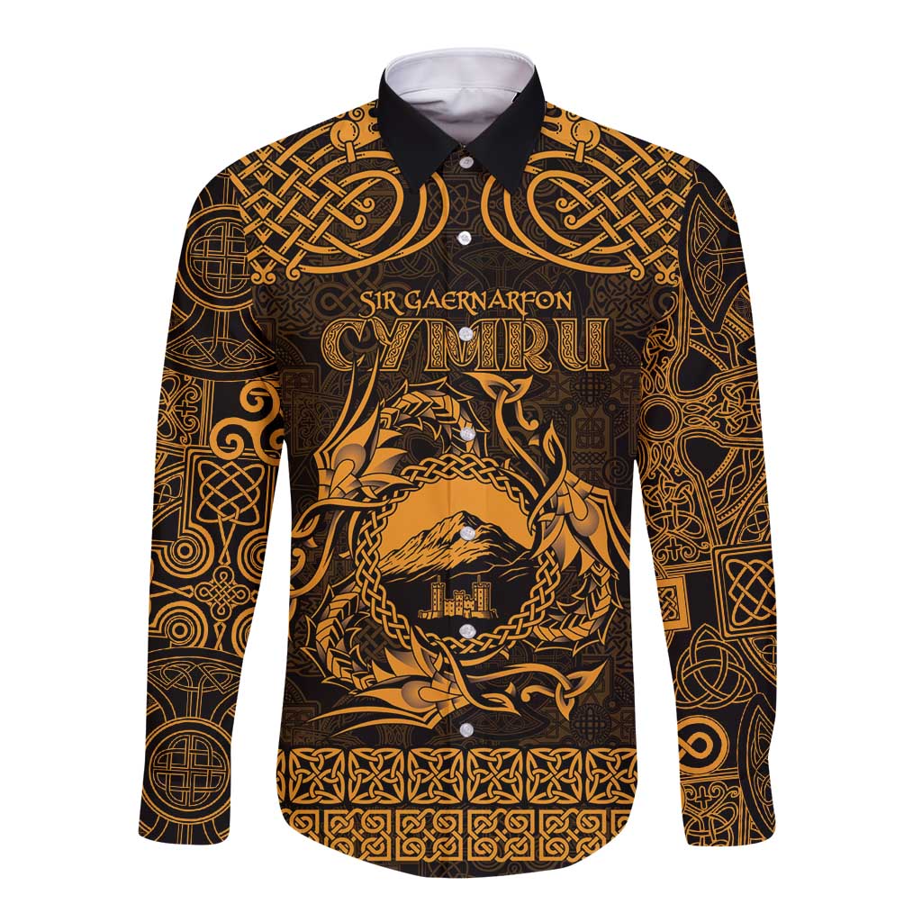 Personalized Caernarfonshire Sir Gaernarfon Long Sleeve Button Shirt Gold Castle Tower Celtic-inspired - Wonder Print Shop
