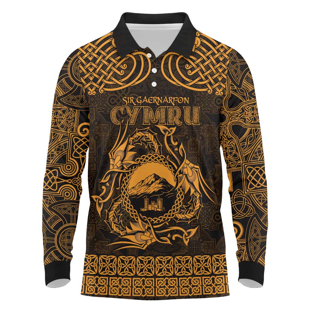 Personalized Caernarfonshire Sir Gaernarfon Long Sleeve Polo Shirt Gold Castle Tower Celtic-inspired - Wonder Print Shop