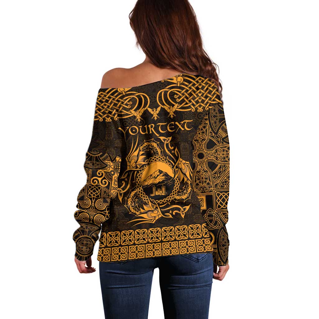 Personalized Caernarfonshire Sir Gaernarfon Off Shoulder Sweater Gold Castle Tower Celtic-inspired - Wonder Print Shop