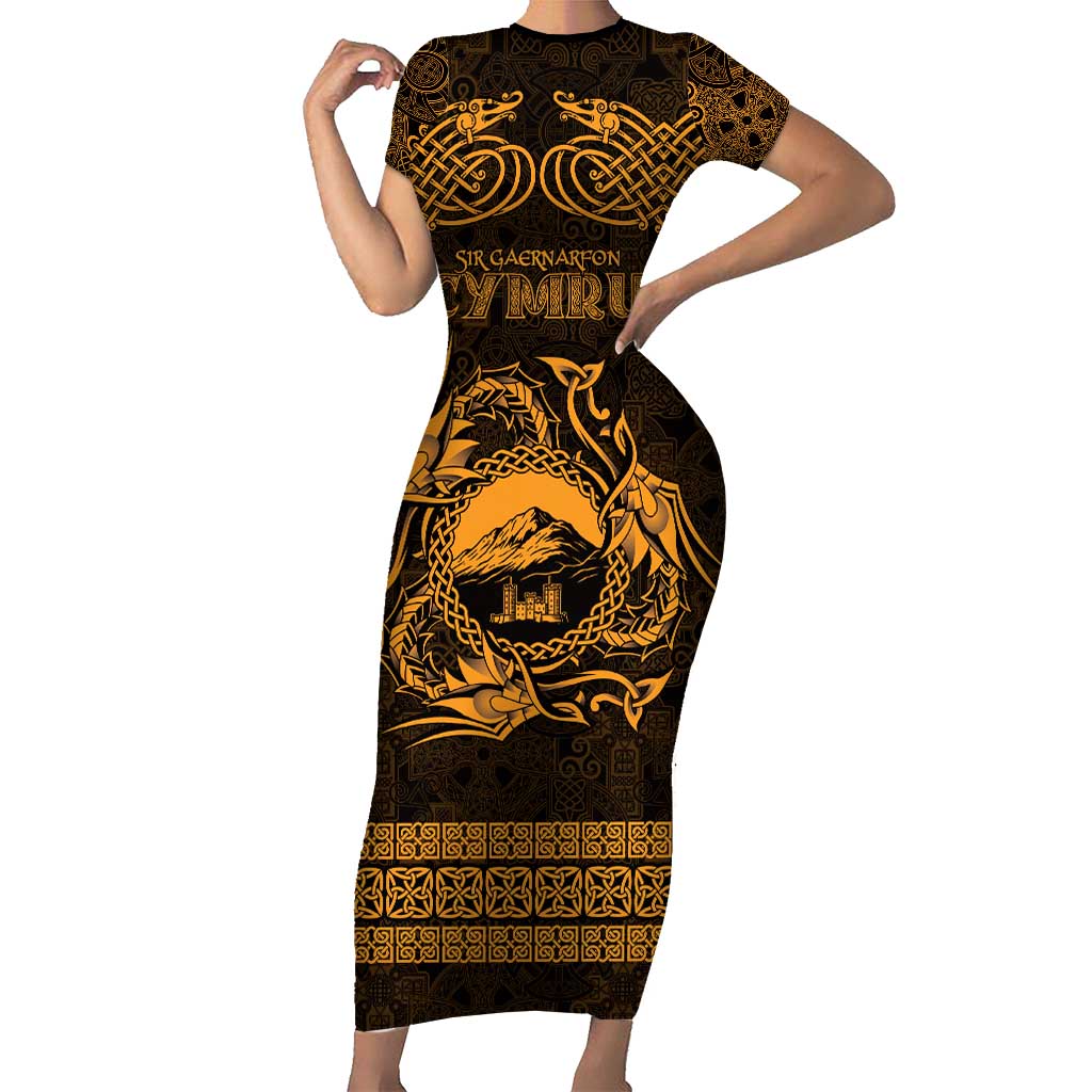 Personalized Caernarfonshire Sir Gaernarfon Short Sleeve Bodycon Dress Gold Castle Tower Celtic-inspired - Wonder Print Shop