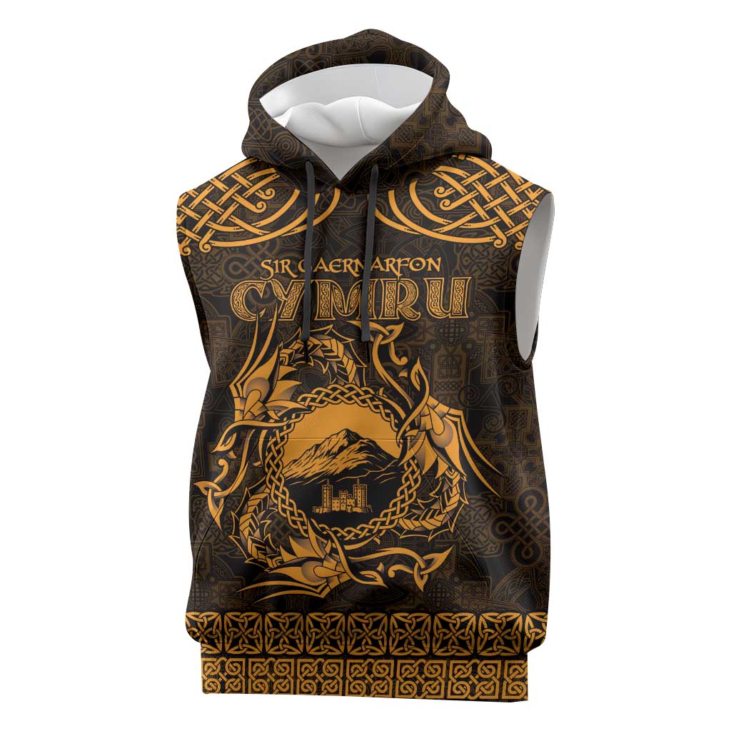 Personalized Caernarfonshire Sir Gaernarfon Sleeveless Hoodie Gold Castle Tower Celtic-inspired - Wonder Print Shop