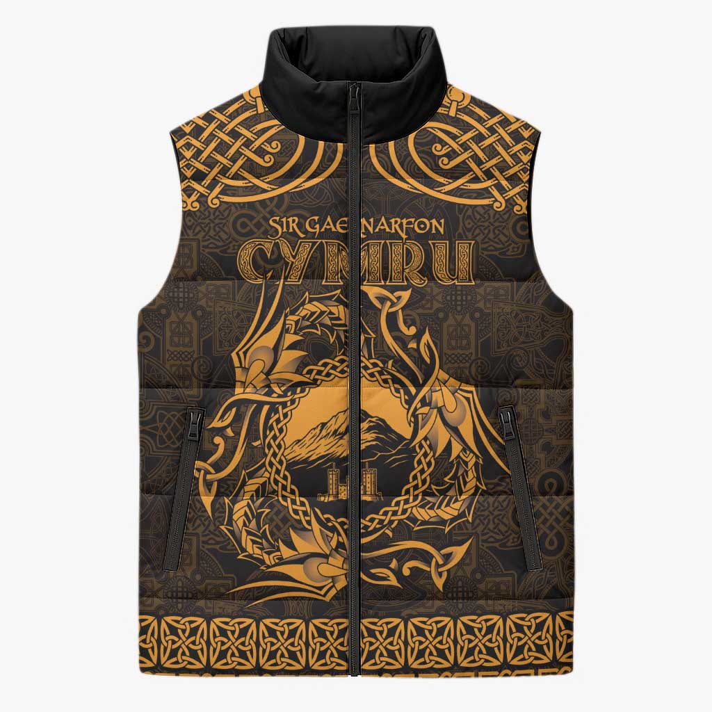Personalized Caernarfonshire Sir Gaernarfon Sleeveless Puffer Jacket Gold Castle Tower Celtic-inspired - Wonder Print Shop