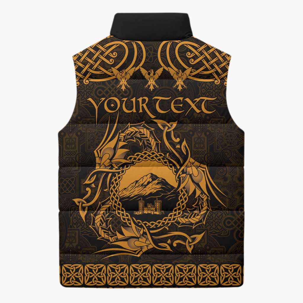 Personalized Caernarfonshire Sir Gaernarfon Sleeveless Puffer Jacket Gold Castle Tower Celtic-inspired - Wonder Print Shop