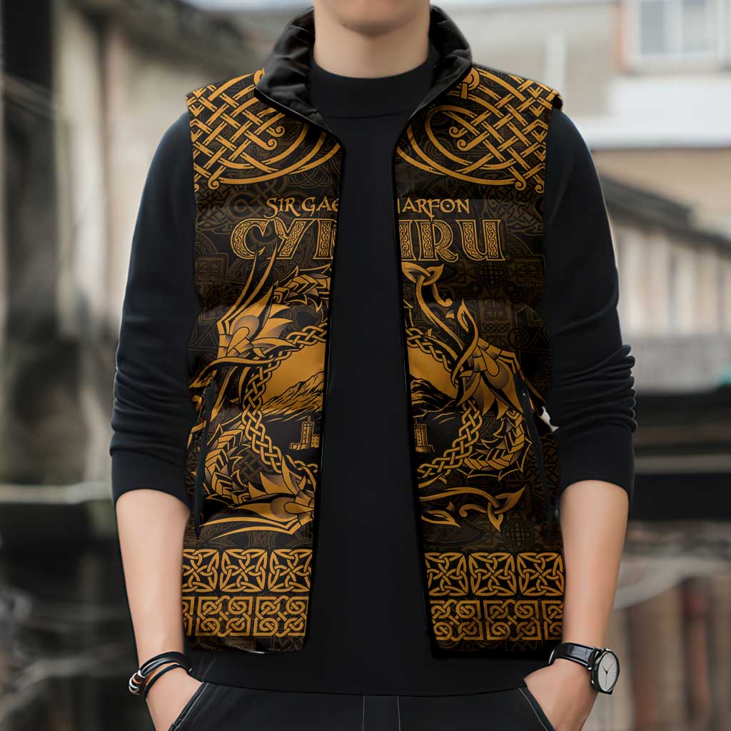 Personalized Caernarfonshire Sir Gaernarfon Sleeveless Puffer Jacket Gold Castle Tower Celtic-inspired - Wonder Print Shop