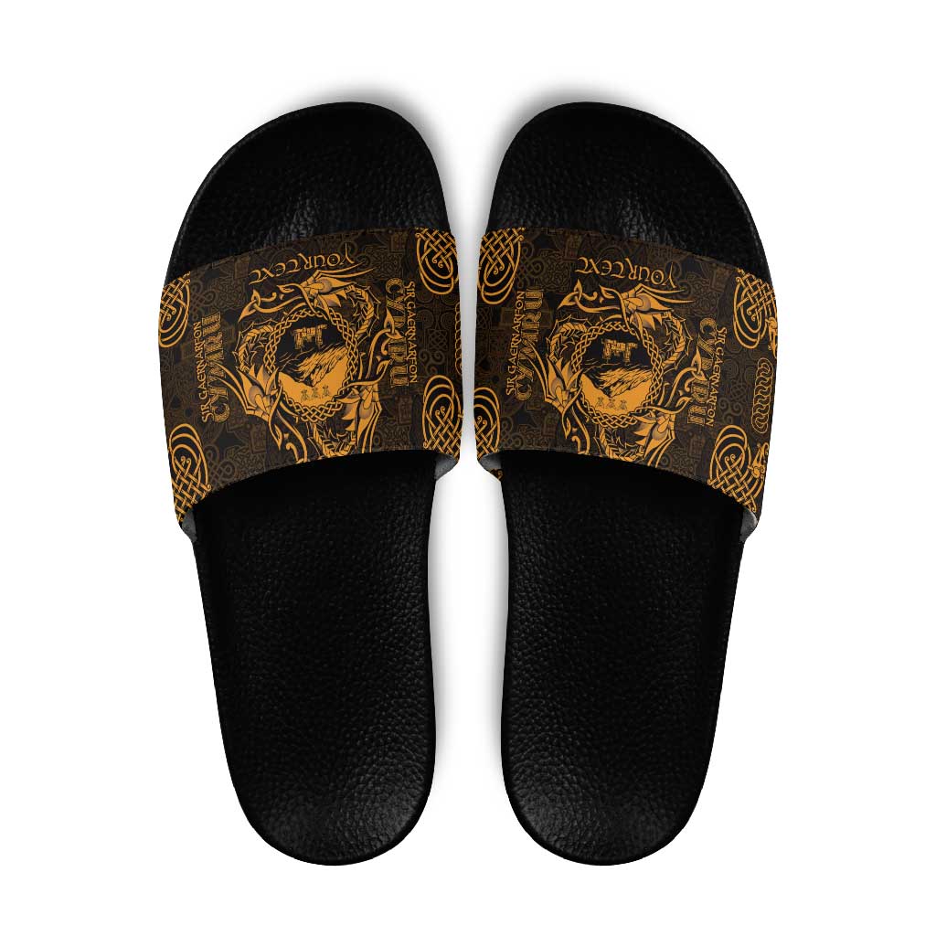 Personalized Caernarfonshire Sir Gaernarfon Slide Sandals Gold Castle Tower Celtic-inspired - Wonder Print Shop